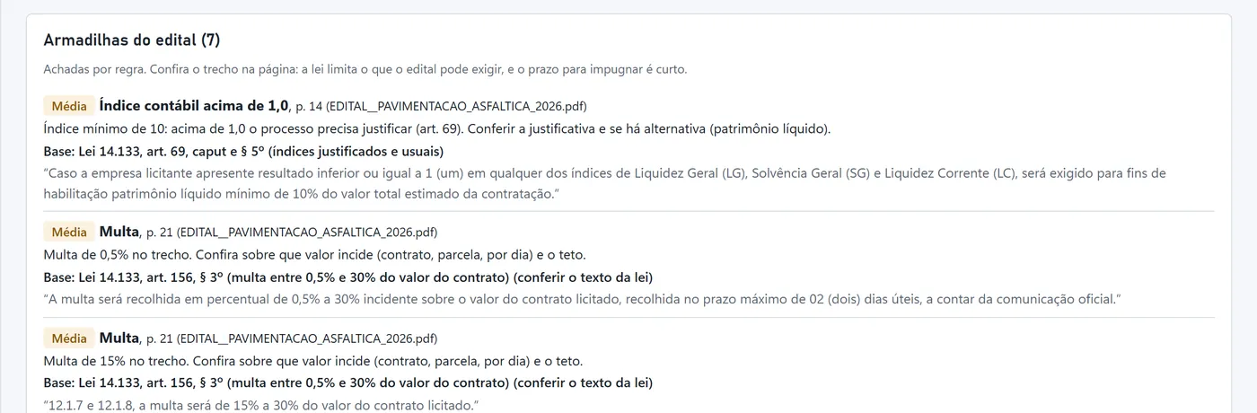 Armadilhas do edital: índice contábil acima de 1,0 na página 14 e multas na página 21, com o trecho do edital e o artigo da lei.
