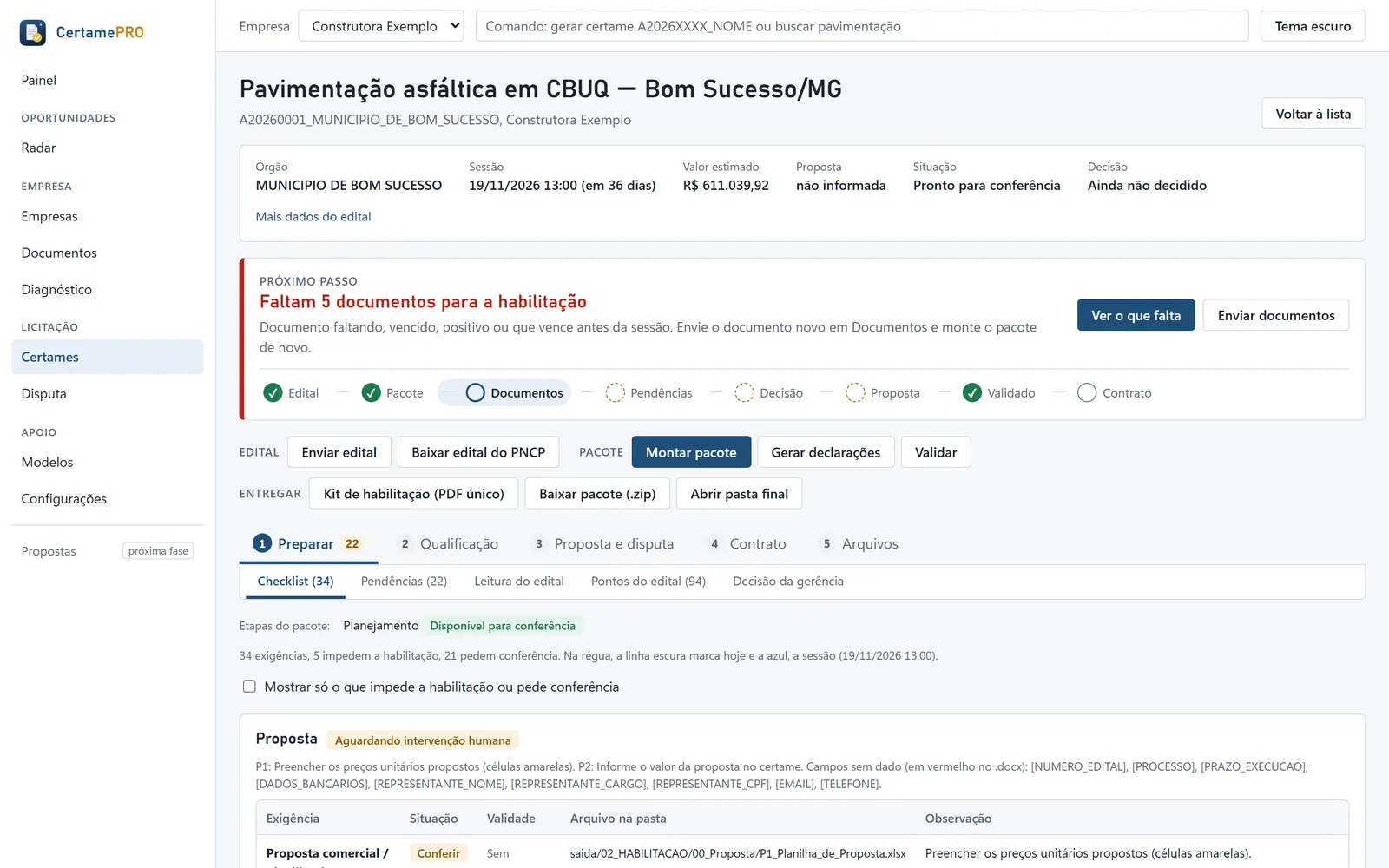 Tela do certame no CertamePRO: edital de pavimentação asfáltica de Bom Sucesso/MG, valor estimado de R$ 611.039,92, com o próximo passo 'Faltam 5 documentos para a habilitação' e a trilha do edital ao contrato.